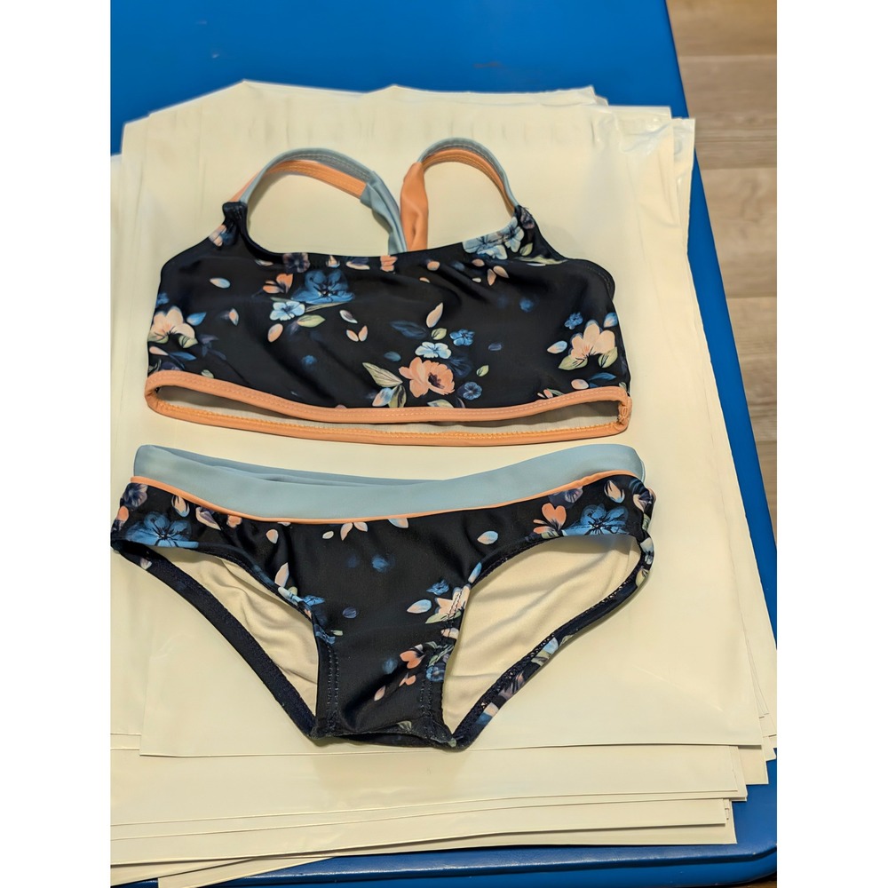 AV Collection Girls Navy Floral Bikini Two Piece Swimsuit Size 4 Racerback